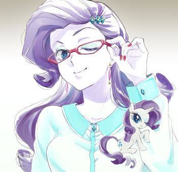 1girl 5mmumm5 ;) adjusting_eyewear animal arm_at_side blue_eyes blue_eyeshadow breasts brown_background closed_mouth collarbone collared_shirt colored_skin commentary curly_hair cutie_mark diamond_(gemstone) diamond_hair_ornament dual_persona earrings english_commentary eyeshadow forehead glasses gradient_background hair_behind_ear hand_up highres jewelry long_hair long_sleeves looking_at_viewer makeup my_little_pony my_little_pony:_equestria_girls my_little_pony:_friendship_is_magic nail_polish one_eye_closed puffy_long_sleeves puffy_sleeves purple_tail rarity_(equestria_girls) rarity_(my_little_pony) red-framed_eyewear red_nails shirt simple_background sleeve_cuffs small_breasts smile solo tareme two-tone_background unicorn upper_body white_background white_shirt white_skin
