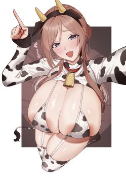 1girl animal_ear_hairband animal_ears animal_print areola_slip bell bikini blue_eyes blush border breasts brown_hair cleavage commentary_request cow_ear_hairband cow_ears cow_horns cow_print cow_print_bikini cow_print_thighhighs cow_tail cowbell fake_animal_ears fake_horns foreshortening from_above gakuen_idolmaster hair_bun hairband highres himesaki_rinami horns huge_breasts idolmaster index_finger_raised long_hair looking_at_viewer nagomu_7_56 neck_bell open_mouth outside_border outstretched_arm print_bikini print_thighhighs shrug_(clothing) sidelocks simple_background single_hair_bun skindentation smile solo swimsuit tail thighhighs thighs white_border