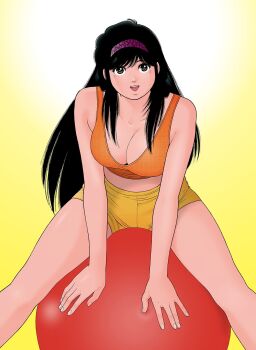 Rule 34 | 1girl, asaoka natsumi, ball, bare arms, black hair, breasts, brown eyes, cleavage, commentary request, exercise ball, feet out of frame, gradient background, hairband, highres, large breasts, leaning forward, long hair, looking at viewer, midriff, miura mitsuru, official artist extra, open mouth, orange tank top, pink hairband, short shorts, shorts, sitting, sitting on ball, smile, solo, tank top, teeth, the kabocha wine, thighs, upper teeth only, very long hair, yellow background, yellow shorts