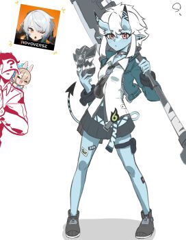 1boy 3girls black_skirt blue_skin colored_skin full_body horns male_sensei_(blue_archive) mask multiple_girls sensei_(blue_archive) shirt shoes simple_background skirt soukaku_(zenless_zone_zero) white_background white_shirt zenless_zone_zero