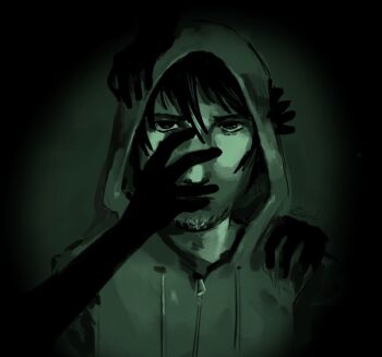 Rule 34 | 1boy, beard stubble, black hair, covered mouth, cry of fear, dark, facial hair, green hoodie, green theme, hand on another's face, hand on another's head, highres, hood, hood up, hoodie, looking at viewer, narrowed eyes, people, reaching, reaching towards another, serious, short hair, simon henriksson, solo focus, stubble, too many hands, upper body, zombieterrors
