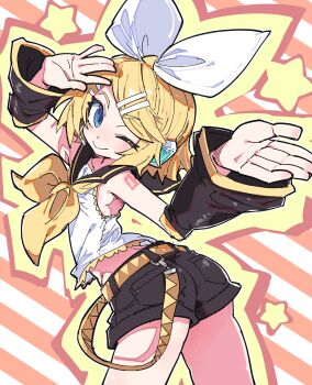 1girl ;) absurdres armpits ass belt black_sailor_collar black_shorts blonde_hair blue_eyes blush bow commentary cowboy_shot detached_sleeves elenagr english_commentary flat_chest frilled_shirt frills from_behind hair_bow hair_ornament hairclip hands_up headset highres kagamine_rin looking_at_viewer midriff neckerchief number_tattoo one_eye_closed outline parallel_hairclips sailor_collar shirt short_hair short_shorts shorts shoulder_tattoo sidelocks sleeveless sleeveless_shirt smile solo star_(symbol) striped_background tattoo turning_around v-shaped_eyebrows vocaloid white_bow white_shirt wide_sleeves yellow_belt yellow_neckerchief yellow_outline yellow_trim
