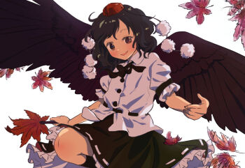1girl :d autumn_leaves black_hair black_ribbon black_skirt black_wings buttons collared_shirt commentary_request feathered_wings hand_fan hat hauchiwa holding holding_fan kinosaki leaf looking_at_viewer maple_leaf neck_ribbon open_mouth pom_pom_(clothes) puffy_short_sleeves puffy_sleeves red_eyes red_hat ribbon ribbon-trimmed_skirt ribbon_trim shameimaru_aya shirt short_hair short_sleeves skirt smile solo tokin_hat touhou white_background white_ribbon white_shirt wings