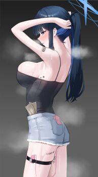 1girl arm_tattoo ass banknote barcode barcode_tattoo bare_shoulders black_background black_camisole black_hair blue_archive blue_eyes blue_hair blue_halo blue_shorts blush breasts camisole colored_inner_hair condom condom_in_pocket condom_packet_strip condom_wrapper condom_wrapper_in_clothes cutoffs denim denim_shorts halo heart heart_tattoo highres inside_pocket large_breasts long_hair money multicolored_hair official_alternate_costume ponytail price price_tag prostitution public_indecency public_vibrator pussy_juice saori_(blue_archive) saori_(swimsuit)_(blue_archive) sex_toy short_shorts shorts sideboob sidelocks solo steaming_body suzuya_(maru) sweat sweatdrop tally tattoo thigh_strap thighs tucked_money undersized_clothes vibrator vibrator_in_thigh_strap yen_sign