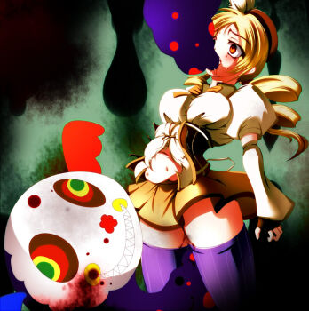 10s all_the_way_through blonde_hair blood after_rape dlc_(sekiei) mahou_shoujo_madoka_magica monster sharp_teeth stomach_bulge tagme tears teeth thighhighs tomoe_mami torn_clothes yellow_eyes
