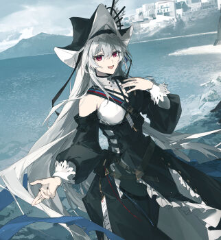amigasa arknights belt black_dress black_hat black_nails black_pantyhose cheonyeon-hi clothing_cutout commentary_request criss-cross_straps detached_sleeves dress fang fang_out grey_hair hair_between_eyes hat highres long_hair long_sleeves looking_at_viewer mountainous_horizon nail_polish ocean open_mouth pale_skin pantyhose puffy_sleeves red_eyes shore shoulder_cutout shoulder_strap specter_(arknights) specter_the_unchained_(arknights) turtleneck two-sided_fabric two-sided_headwear two-tone_dress wrist_cuffs