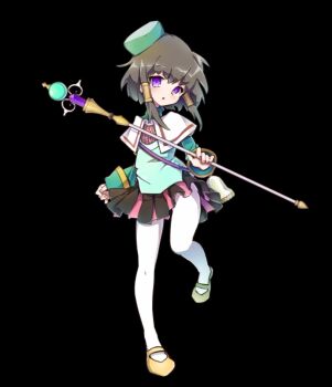 :o bell black_background black_skirt blush brown_hair cape detached_sleeves fiiria_(merc_storia) full_body green_hat green_shirt hat holding holding_staff mary_janes merc_storia merc_storia_art_team miniskirt official_art pantyhose pleated_skirt purple_eyes shirt shoes simple_background skirt solo staff standing standing_on_one_leg tachi-e turtleneck white_cape white_pantyhose yellow_shoes