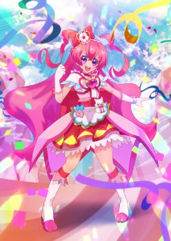 1girl absurdres boots bow clenched_hand cloud commentary_request confetti cure_precious delicious_party_precure dress eyelashes gloves highres long_hair looking_at_viewer magical_girl omega_takai open_mouth outdoors pink_dress pink_hair precure purple_eyes red_bow solo standing white_gloves