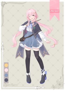 1girl absurdres artist_name black_capelet black_shoes black_thighhighs blue_ribbon capelet character_name color_guide full_body grey_skirt high-waist_skirt highres holding holding_wand long_hair long_sleeves low_twintails loyeriveri neck_ribbon original pink_hair ribbon shirt shoes skirt solo standing thighhighs twintails wand white_shirt yellow_eyes