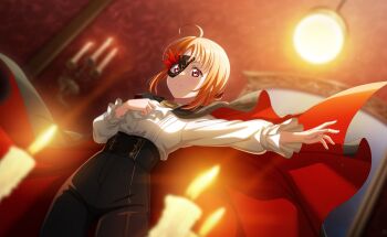 1girl ahoge ascot black_pants blurry blurry_background blurry_foreground candle candlelight cape cloak closed_mouth commentary_request corset cosplay depth_of_field full_moon game_asset halloween halloween_costume hand_on_own_chest highres indoors letterboxed long_sleeves love_live! love_live!_sunshine!! mask moon night non-web_source official_art ootori_kokona ootori_kokona_(cosplay) orange_hair pants pillarboxed red_cape red_eyes red_moon red_sky self-datamine shirt short_hair sky solo standing sun takami_chika vampire_costume white_shirt world_dai_star