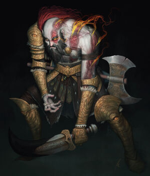 1boy absurdres angry armor armored_boots axe bald battle_axe beard bicep_strap black_background black_beard black_gem blades_of_chaos boots burn_scar burning commentary crossover double-sided_axe elden_ring english_commentary facial_hair faulds flaming_arm flaming_eye fur_trim gauntlets gem god_of_war gold_armor gold_needle greaves highres holding holding_weapon hunched_over jewelry kratos_(god_of_war) lord_of_the_frenzied_flame_(elden_ring) male_focus maxes muscular needle pauldrons plume red_plume scar shoulder_armor signature single_gauntlet single_pauldron tattoo vambraces weapon yellow_eyes yellow_gem