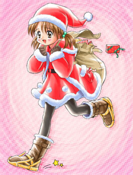 1girl backpack bag belt black_belt black_pantyhose boots box brown_bag brown_boots brown_eyes brown_gloves brown_hair capelet christmas dress full_body fur-trimmed_boots fur-trimmed_capelet fur-trimmed_dress fur-trimmed_headwear fur_trim gift gift_box gloves goto_p hair_bobbles hair_ornament hands_up hat holding holding_bag medium_hair open_bag open_mouth original pantyhose pink_background red_capelet red_dress red_hat running santa_costume santa_hat smile snowshoes solo standing star_(symbol) twintails