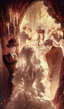 black_hair black_hat black_jacket breasts candlestand chandelier chaoxibumian cleavage closed_mouth collared_shirt couple cowboy_shot dancing dress flower frilled_dress frills hair_between_eyes hair_bun hair_flower hair_ornament hand_in_another&#039;s_hair hat hetero highres holding_hands indoors jacket kiss kissing_hand light_smile long_hair love_and_deepspace medium_breasts off-shoulder_dress off_shoulder protagonist_(love_and_deepspace) purple_hair rafayel_(love_and_deepspace) shirt short_hair sidelocks sparkle suit_jacket top_hat updo veil white_dress white_shirt white_veil yellow_dress