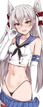 1girl amatsukaze_(kancolle) black_hairband black_neckerchief black_panties blue_sailor_collar blue_skirt brown_eyes cosplay crop_top elbow_gloves gloves grey_hair hair_tubes hairband highleg highleg_panties highres kantai_collection long_hair looking_at_viewer microskirt miniskirt mizuki_(uzuki_no_sato) neckerchief ok_sign panties pleated_skirt sailor_collar shimakaze_(kancolle) shimakaze_(kancolle)_(cosplay) shirt simple_background skirt sleeveless sleeveless_shirt solo striped_clothes striped_thighhighs thighhighs two_side_up underwear white_background white_gloves