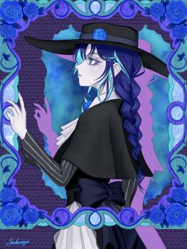 1girl ado_(utaite) back_bow black_capelet black_hat blue_eyes blue_flower blue_hair blue_rose bow braid capelet chando_(ado) closed_mouth colored_inner_hair commentary_request flower hat hat_flower highres kura_sushi long_hair long_sleeves multicolored_hair rose solo tomoyaku utaite