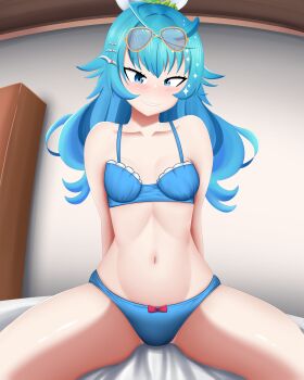 Rule 34 | 1girl, azuri delfi, bed, bed sheet, belly, blue bra, blue eyes, blue hair, blue panties, blush, bow, bow panties, bra, breasts, commission, glasses, glasses on head, hair bow, hair ornament, hair ribbon, highres, indoors, looking at viewer, luwiki11, medium hair, navel, panties, ribbon, simple background, sitting, small breasts, solo, spread legs, thighs, underwear, virtual youtuber