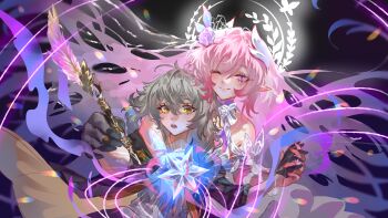 2girls absurdres armlet bare_shoulders black_gloves closed_mouth coconuthound commentary crystal cyrene_(demiurge)_(honkai:_star_rail) cyrene_(honkai:_star_rail) english_commentary flower gloves grey_hair hair_between_eyes hair_flower hair_ornament highres holding holding_quill honkai:_star_rail honkai_(series) jewelry long_hair looking_at_another multiple_girls one_eye_closed open_mouth pointy_ears purple_eyes purple_flower purple_rose quill rose sidelocks smile stelle_(honkai:_star_rail) taking_another's_hand trailblazer_(honkai:_star_rail) very_long_hair yellow_eyes