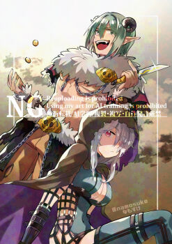 1boy 1girl black_cape black_gloves breasts brown_cloak brown_pants cape chain cleavage cleavage_cutout cloak closed_mouth clothing_cutout commentary_request curled_horns dagger expressionless feet_out_of_frame fur_collar gloves green_eyes green_hair grey_horns grey_leotard grey_thighhighs hair_over_one_eye holding holding_dagger holding_knife holding_weapon hood hood_up hooded_cloak horns knife large_breasts leotard long_hair looking_at_viewer namosuke_(oetwmkekmz) open_mouth pants pointy_ears ragnarok_online red_eyes shadow_chaser_(ragnarok_online) shadow_cross_(ragnarok_online) short_hair sideless_leotard sitting smile standing thighhighs waist_cape weapon