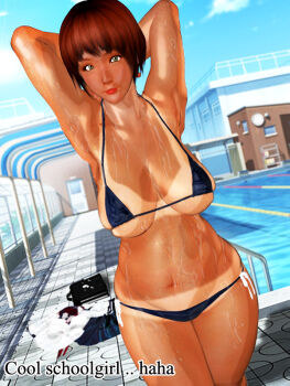 1girl armpits arms_behind_head arms_up bikini black_bikini breasts brown_hair curvy day green_eyes kill_the_king large_breasts looking_at_viewer micro_bikini navel outdoors pool poolside short_hair skindentation sky solo swimsuit tan tanline wet