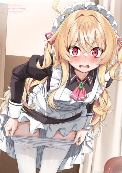 1girl ahoge apron artist_request black_dress blonde_hair blush clothes_lift clothes_pull commentary_request copyright_name dress dress_lift embarrassed gem highres indoors leaning_forward lifting_own_clothes little_witch_nobeta long_hair looking_at_viewer maid maid_headdress nobeta official_art open_mouth pantyhose pantyhose_pull pulling_own_clothes red_eyes ribbon solo thighs two_side_up undressing white_apron white_pantyhose