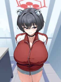 1girl animal_ear_fluff animal_ears averting_eyes beetleasd black_choker black_eyes black_hair blue_archive breasts choker cleavage hair_between_eyes halo huge_breasts indoors jacket long_sleeves red_halo red_jacket short_hair solo track_jacket tsubaki_(blue_archive)