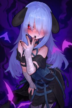 1girl absurdres bandage_over_one_eye bandaged_arm bandages bare_shoulders belt blue_hair breasts dress ekrea_jan hair_over_eyes highres horns long_hair looking_at_viewer original purple_background red_eyes small_breasts smile tagme teeth very_long_hair