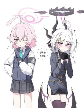2girls absurdres aged_down ahoge black_gloves black_halo black_skirt black_thighhighs blue_archive blush commentary_request demon_girl demon_horns demon_wings gloves halo highres hina_(blue_archive) horns hoshino_(blue_archive) kiroshi korean_commentary low_wings multiple_girls pink_hair purple_eyes short_hair simple_background skirt standing thighhighs white_background white_hair wings