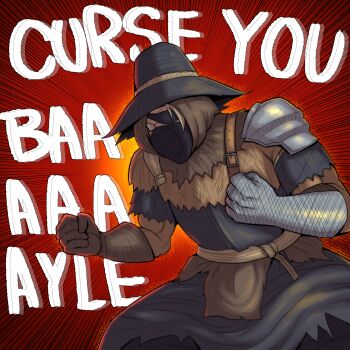 1boy absurdres black_hat black_mask clenched_hands commentary daf_n_half dragon_ball dragonball_z drake_warrior_igon elden_ring elden_ring:_shadow_of_the_erdtree english_commentary english_text eyepatch gloves hat highres male_focus mask mouth_mask muscular muscular_male single_glove single_shoulder_plate solo squatting