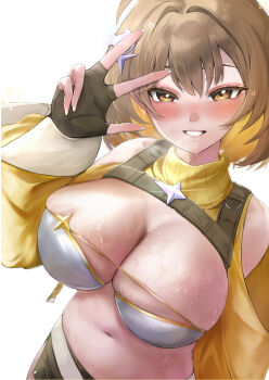 1girl absurdres ahoge anis_(nikke) bandeau bare_shoulders black_gloves black_shorts blush breasts brown_eyes brown_hair cat_hair_ornament chest_harness cleavage clothing_cutout commentary_request fingerless_gloves gloves goddess_of_victory:_nikke grin hair_between_eyes hair_ornament harness highres large_breasts long_sleeves looking_at_viewer medium_hair micro_shorts midriff mori_morino2 navel official_alternate_costume shorts shoulder_cutout shrug_(clothing) sidelocks single_fingerless_glove single_glove smile solo standing sweat teeth white_bandeau yellow_shrug