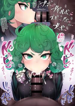 1boy 1girl :&gt;= bar_censor black_robe blush breath censored covered_erect_nipples cum cum_in_mouth cum_overflow curly_hair dark-skinned_male dark_skin ejaculation fellatio gokkun green_eyes green_hair hetero highres hiiro_h japanese_text large_penis looking_at_viewer motion_lines one-punch_man oral penis pov pov_crotch robe short_hair smell solo_focus sound_effects speech_bubble tatsumaki tongue tongue_out translated trembling veins veiny_penis