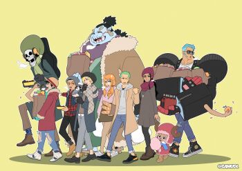 2020 2girls 6+boys ^_^ absurdres alternate_costume antlers black_hair blonde_hair boots bread brook_(one_piece) brown_boots brown_coat closed_eyes coat commentary converse devil_fruit_power disembodied_hand english_commentary extra_arms food franky_(one_piece) fur-trimmed_coat fur_trim gloves green_hair hana_hana_no_mi hat highres horns jinbe_(one_piece) monkey_d._luffy multiple_boys multiple_girls nami_(one_piece) nico_robin one_piece orange_hair petals pink_petals purple_hat red_coat reindeer_antlers roronoa_zoro samu_(samudl) sanji_(one_piece) scarf sideburns simple_background skeleton straw_hat straw_hat_pirates sunglasses sweatdrop tony_tony_chopper twintails twitter_username usopp