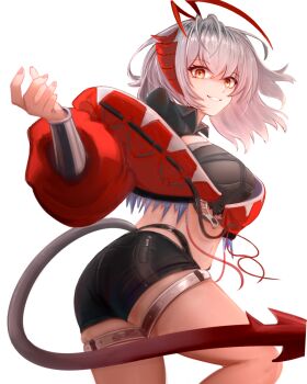 1girl antenna_hair arknights ass belt black_shirt black_shorts commentary_request crop_top cropped_jacket cropped_shirt fingernails grey_hair grey_tail hair_between_eyes highres jacket long_sleeves looking_at_viewer medium_hair mipa_(mipa_dream) navel panty_straps partial_commentary red_hair red_jacket red_tail shirt short_shorts shorts simple_background solo tail thigh_belt thigh_strap w_(arknights) white_background white_belt wis'adel_(arknights) yellow_eyes