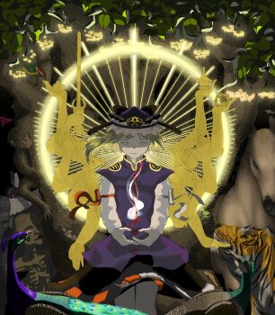 1girl asymmetrical_hair bird black_ribbon black_skirt blue_hat blue_vest buttons collared_vest cowboy_shot floating_clothes floating_hair frilled_hat frilled_skirt frills green_eyes green_hair half-closed_eyes hat hat_ribbon high_collar highres hitodama horse kajatony long_sleeves looking_down miniskirt monkey own_hands_together peacock red_ribbon ribbon shiki_eiki shirt shoulder_pads skirt sleeve_ribbon solo tiger touhou tree vest white_ribbon white_shirt