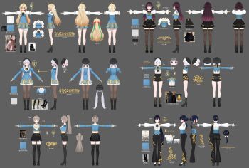 6+girls absurdres ahoge asymmetrical_clothes beret black_bow black_hair black_hat black_pants black_shoes black_shorts black_skirt black_thighhighs blonde_hair blue_eyes blue_hair blue_jacket boots bow bowtie braid breasts brown_hair collared_shirt commentary double_bun frills full_body gosegu gradient_hair grey_background grey_hair hair_bow hair_bun hair_ornament hat high_heel_boots high_heels high_ponytail highres ine_(vtuber) jacket jingburger jururu kingkangmat knee_boots korean_commentary large_breasts lilpa long_hair long_sleeves low_twintails multicolored_hair multiple_girls multiple_views official_art open_hands open_mouth outstretched_arms pants pantyhose partially_translated pleated_skirt ponytail purple_hair reference_sheet ribbon shirt shoes short_hair shorts side_ponytail simple_background single_hair_bun single_side_bun skirt smile spread_arms standing streaked_hair thigh_strap thighhighs translation_request turnaround twintails very_long_hair viichan virtual_youtuber waktaverse white_hair white_shirt zettai_ryouiki