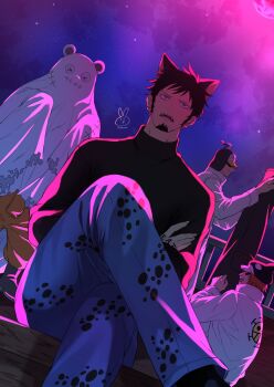 Rule 34 | 4boys, animal ears, bear ears, bepo (one piece), black hair, black shirt, blue pants, cat ears, commentary, crossed arms, crossed legs, denim, english commentary, facial hair, feet out of frame, ghost costume, halloween, halloween costume, hand tattoo, hat, heart pirates jolly roger, highres, jeans, jumpsuit, long sleeves, male focus, multiple boys, niina 1oo9, one piece, open mouth, pants, penguin (one piece), shachi (one piece), shirt, short hair, signature, sitting, tattoo, trafalgar law, turtleneck, white jumpsuit