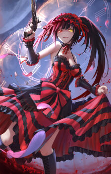 1girl :d absurdres antique_firearm asymmetrical_hair black_hair breasts cleavage clock date_a_live dress falling_feathers feathers finger_on_trigger firearm firelock flintlock frilled_dress frilled_hairband frills gothic_lolita gun h_yoruneko hairband heterochromia highres holding holding_gun holding_weapon lolita_fashion long_hair looking_at_viewer medium_breasts night night_sky open_mouth red_dress red_eyes roman_numeral skirt_hold sky smile solo tokisaki_kurumi twintails very_long_hair weapon yellow_eyes