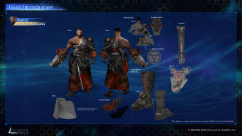 1boy absurdres arm_cannon arm_tattoo asymmetrical_clothes barret_wallace barret_wallace_(sunrise_hakama) black_hair character_name commentary concept_art copyright_notice dark-skinned_male dark_skin english_commentary final_fantasy final_fantasy_vii final_fantasy_vii:_ever_crisis full_body highres japanese_clothes kimono multiple_views official_art reference_sheet solo tattoo turnaround weapon