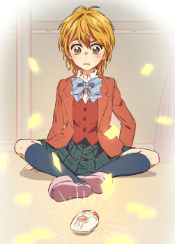 1girl blonde_hair blue_bow blue_bowtie blue_socks bow bowtie brown_eyes collared_shirt full_body futari_wa_precure green_skirt hair_between_eyes highres jacket kneehighs looking_down miniskirt misumi_nagisa open_clothes open_jacket open_mouth pink_shoes plaid_clothes plaid_skirt pleated_skirt precure red_jacket red_vest sasano-01 school_uniform shirt shoes short_hair sitting sketch skirt socks solo striped_bow striped_bowtie striped_clothes sweatdrop verone_gakuin_school_uniform vest wavy_mouth white_shirt