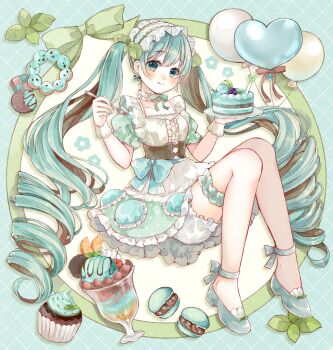 Rule 34 | 1girl, :q, apron, aqua background, aqua bow, aqua dress, aqua eyes, aqua hair, aqua shoes, argyle background, balloon, block heels, bloomers, blueberry, blush, bow, bow earrings, breasts, brown corset, brown streaks, cake, center frills, cherry, chinstrap, chocolate, closed mouth, collar, collarbone, commentary request, corset, cupcake, double-parted bangs, dress, drill hair, earrings, food, fork, frilled apron, frilled collar, frilled thigh strap, frills, fruit, full body, green ribbon, hair ornament, hands up, hatsune miku, headdress, heart balloon, highres, holding, holding fork, holding plate, ice cream, invisible chair, jewelry, knees together feet apart, knees up, leaf hair ornament, long hair, looking at viewer, macaron, miku day, mint chocolate, multicolored hair, orange (fruit), petticoat, plate, puffy short sleeves, puffy sleeves, ribbon, ribbon border, shoes, short sleeves, sitting, small breasts, smile, solo, spring onion, square neckline, streaked hair, sundae, tententuyu, thigh strap, tongue, tongue out, twin drills, twintails, two-tone hair, underwear, very long hair, vocaloid, waist bow, white apron, white bloomers, white collar