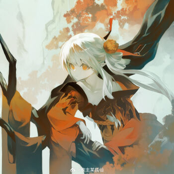 1girl absurdres autumn bare_shoulders black_dress black_ribbon chinese_commentary closed_mouth collarbone commentary_request cowboy_shot dare_no_inarikami day dress expressionless eyelashes floating_hair gradient_clothes gradient_dress hair_ornament hair_ribbon hair_rings highres in_tree long_sleeves looking_ahead mountain orange_eyes original outdoors pale_skin pointy_ears pom_pom_(clothes) pom_pom_hair_ornament red_dress red_ribbon ribbon rope side_ponytail slit_pupils solo tree two-sided_ribbon watermark weibo_watermark white_hair wide_sleeves wind