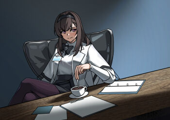 1girl arknights black_bow black_hairband black_skirt bow brown_hair brown_pantyhose chair chinese_commentary clipboard closed_mouth coffee commentary_request crossed_legs cup drink hairband holding jacket lapels light_smile long_sleeves medium_hair on_chair pantyhose paper pink_eyes priestess_(arknights) rpglauncher1157886717 shirt sitting skirt solo split_mouth teacup turtleneck turtleneck_shirt white_jacket white_shirt