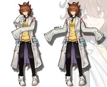 1girl agnes_tachyon_(tach-nology)_(umamusume) agnes_tachyon_(umamusume) ahoge animal_ears artist_name brown_hair different_zoom_layer full_body hair_between_eyes highres horse_ears horse_girl horse_tail lab_coat long_sleeves looking_at_viewer necktie red_eyes reference_sheet short_hair simple_background sleeves_past_wrists smile solo sweater_vest tail test_tube umamusume variations white_background wmega_u