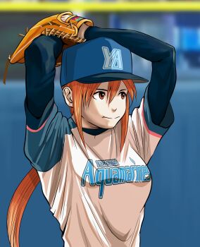 Rule 34 | 1girl, arms up, baseball cap, baseball glove, baseball uniform, blurry, blurry background, breasts, commentary request, depth of field, hat, highres, long hair, medium breasts, mimiyama kiichi, orange eyes, orange hair, original, pitching, pixiv girls' pro baseball, ponytail, smile, solo, sportswear, upper body