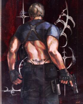 Rule 34 | 1boy, back tattoo, belt, black gloves, blonde hair, blue shirt, chest holster, crop top, fingerless gloves, from behind, gloves, gun, handgun, highres, holding, holding gun, holding weapon, holster, leon s. kennedy, male focus, mimimaru, muscular, muscular male, pantylines, resident evil, resident evil requiem, shirt, short hair, solo, tattoo, thigh holster, tramp stamp, weapon