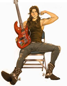 1boy ac/dc animal_sticker arm_tattoo armpit_hair armpits aston_(kunnuscumnus) batman_symbol biceps black_eyes black_nails black_shirt boots brown_boots brown_hair chair commentary cowboy_boots curtained_hair dog_sticker earrings electric_guitar english_commentary flexing folding_chair full_body grey_pants guitar hair_over_breasts half-closed_eyes highres holding holding_guitar holding_instrument hoop_earrings instrument jewelry kunnuscumnus light_smile long_hair looking_at_viewer no_sclera on_chair original pants parted_bangs parted_hair parted_lips ring shirt silver_earrings sitting skinny_jeans sleeveless sleeveless_shirt star_(symbol) star_sticker sticker tattoo teeth torn_clothes torn_pants wavy_hair white_background