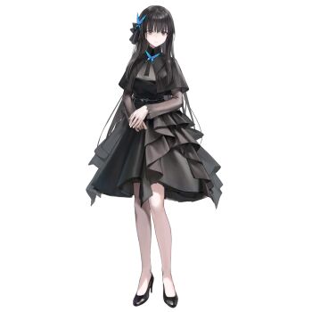 Rule 34 | 1girl, black dress, black hair, dress, girls' frontline, grey eyes, high heels, image sample, kisetsu, long hair, looking at viewer, lunasia (girls' frontline), official art, solo, standing, tagme, white background
