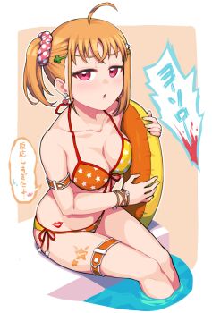 1girl ahoge bikini breasts earrings float hair_ornament hairclip highres jewelry large_breasts looking_at_viewer love_live! love_live!_sunshine!! multicolored_bikini open_mouth orange_hair pool red_eyes short_hair side_ponytail simple_background sitting swimsuit takami_chika translation_request waste-man