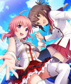 2girls :d ahoge bare_shoulders black_ribbon black_thighhighs blue_sky blush breasts brown_eyes brown_hair buttons cloud crossover day diffraction_spikes dot_nose double-breasted etou_kanami game_cg hair_ribbon holding_hands interlocked_fingers long_sleeves looking_at_viewer minoseki_gakuin_uniform multiple_girls official_art one_side_up open_mouth outdoors outstretched_arm pink_hair plaid_clothes plaid_skirt project_tokyo_dolls purple_eyes reaching reaching_towards_viewer red_sailor_collar red_skirt ribbon sailor_collar sakura_(project_tokyo_dolls) school_uniform shirt short_hair sidelocks skirt sky small_breasts smile sparkle tassel teeth thighhighs third-party_source toji_no_miko toji_no_miko:_kizamishi_issen_no_tomoshibi upper_teeth_only vest white_shirt white_thighhighs white_vest white_wrist_cuffs wrist_cuffs zettai_ryouiki
