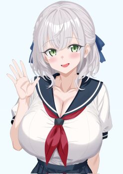 1girl blue_sailor_collar blush breasts cleavage collarbone commentary_request cowboy_shot crossed_bangs green_eyes grey_hair hand_up highres hololive large_breasts looking_at_viewer neckerchief open_mouth philip98267134 red_neckerchief sailor_collar shirogane_noel shirt shirt_tucked_in short_hair simple_background smile solo virtual_youtuber waving white_shirt