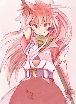 1girl arche_klein belt bracelet closed_mouth commentary_request earrings elbow_gloves gloves jewelry long_hair looking_at_viewer pink_eyes pink_hair pink_theme ponytail simple_background smile solo tales_of_(series) tales_of_phantasia toraneko wide_ponytail